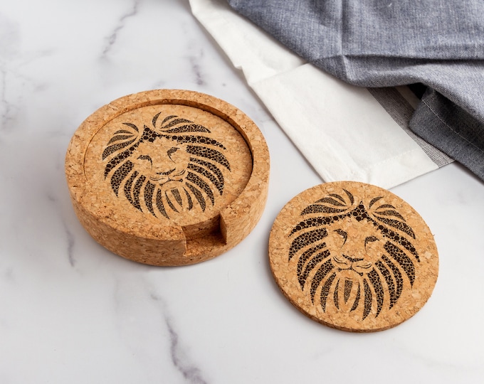 Lion Head Laser Engraved Cork Coasters