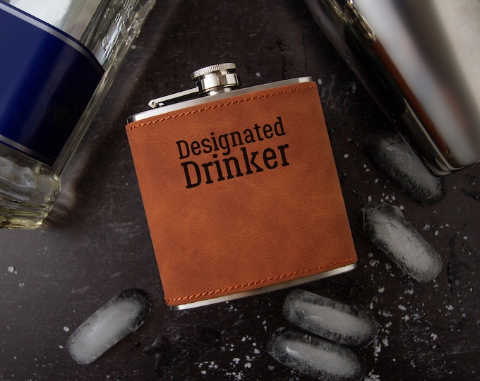 Designated Drinker Flask | Hip Flask | Novelty Flask | Faux Leather | Vegan Leather | Funny Flask | Leather Flask