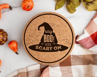 Say Boo and Scary On Laser Engraved Cork Trivet