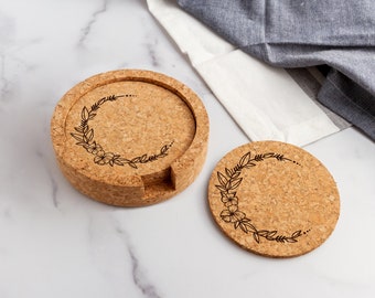 Floral Wreath Laser Engraved Cork Coasters