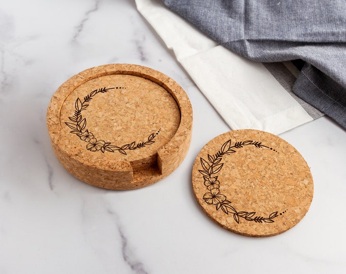 Floral Wreath Laser Engraved Cork Coasters