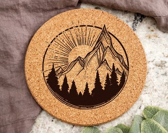 Mountain Sunrise Laser Engraved Cork Trivet