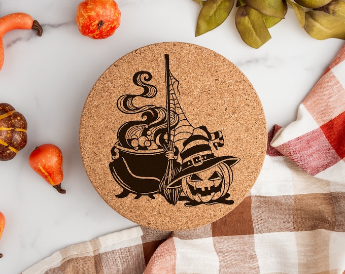 Jack-O-Lantern and Cauldron Laser Engraved Cork Trivet