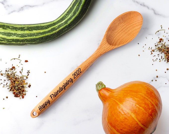Happy Friendsgiving Wooden Utensil | Laser Engraved Spoon | Wooden Utensils | Cooking Spoon | Engraved Beech Spoon | Holiday Kitchen Decor