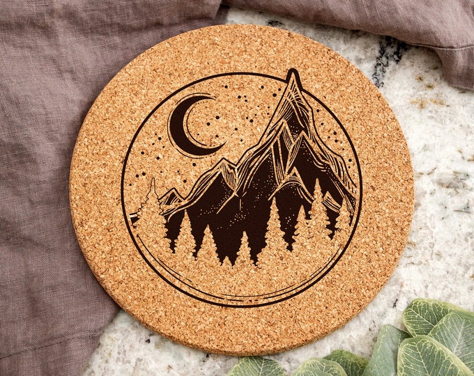 Mountain Moonrise Laser Engraved Cork Trivet