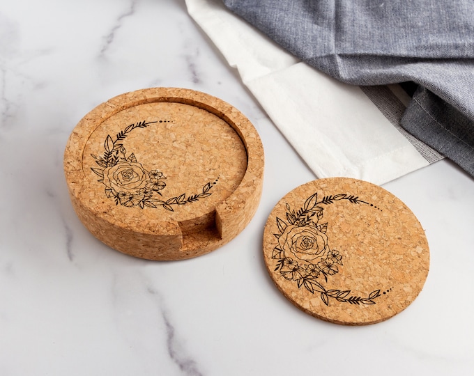 Floral Wreath Laser Engraved Cork Coasters