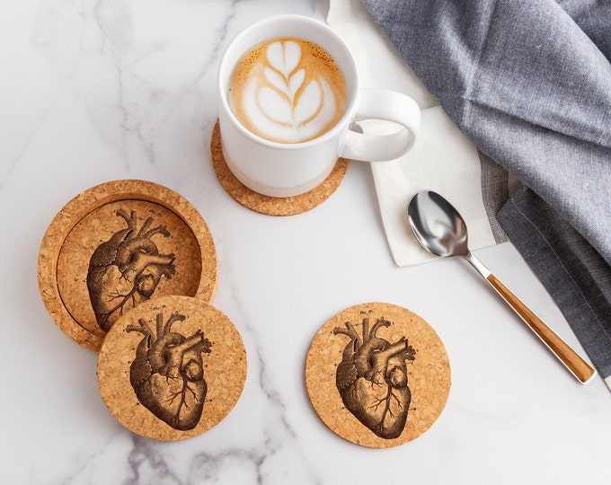 Anatomical Heart Laser Engraved Cork Coasters