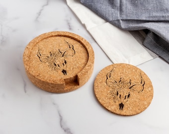 Deer Skull Laser Engraved Cork Coasters