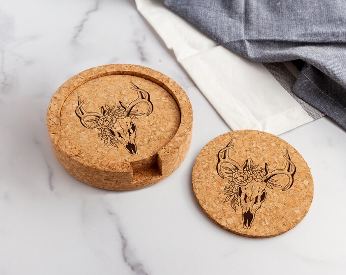 Deer Skull Laser Engraved Cork Coasters