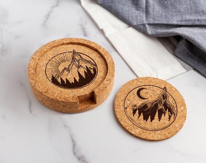 Sun and Moon Laser Engraved Cork Coasters