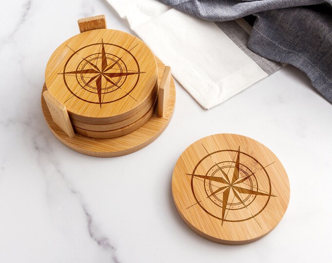 Compass Rose Coaster Set | Four Pack Set | Bamboo Coaster Set | Bar Coasters | Laser Engraved | Housewarming Gift | Coaster Holder