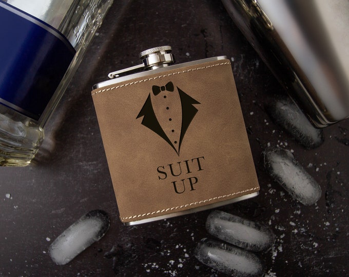 Suit Up Faux Leather Laser Engraved Faux Leather Flask
