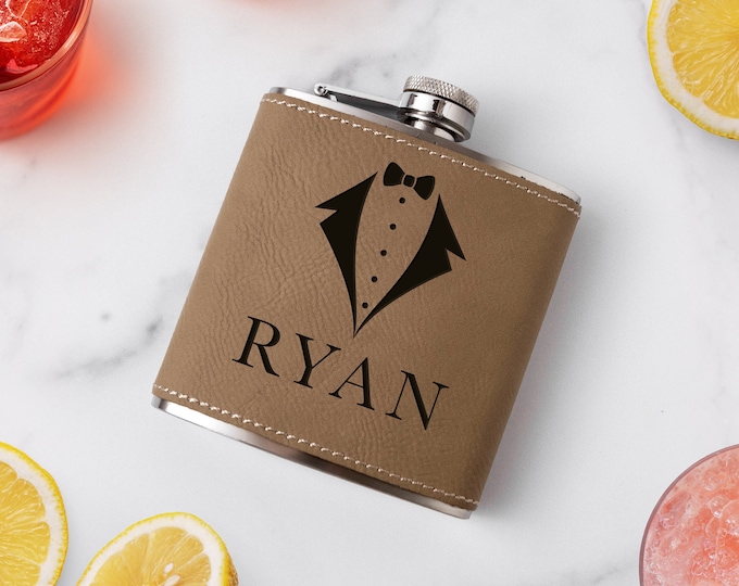 Personalized Groomsman Faux Leather Laser Engraved Faux Leather Flask