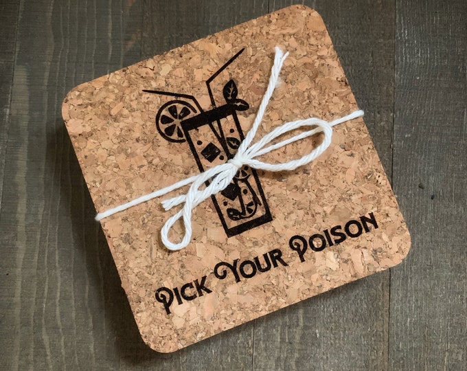 Pick Your Poison Laser Engraved Cork Coasters