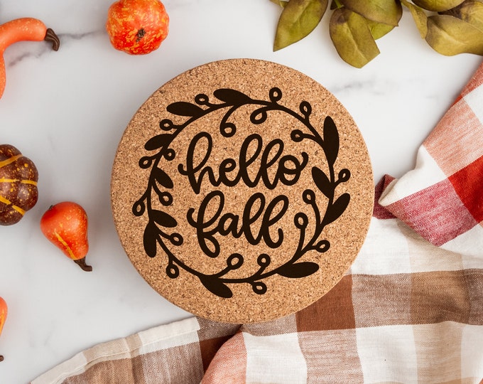 Hello Fall | Cork Trivet | Fall Vibe | Kitchen Decor | Cookware | Pot Holder | Halloween Party Decor | Witchy Vibes | Cottage Core