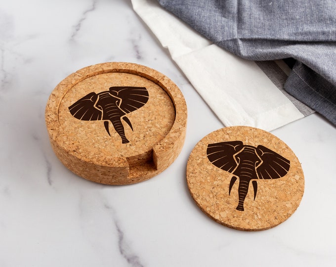 Elephant Head Laser Engraved Cork Coasters