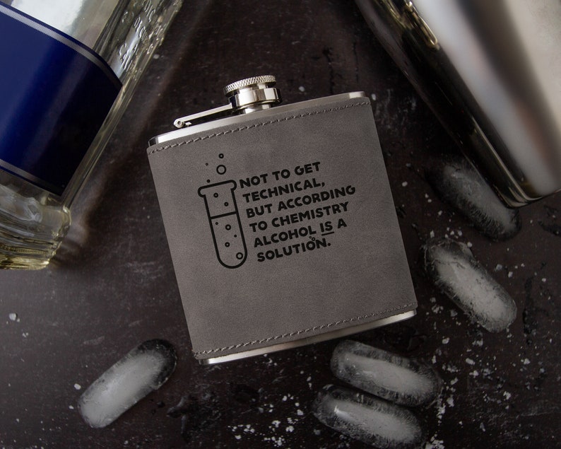 Alcohol is the Solution Flask Laser Engraved Faux Leather Flask image 1