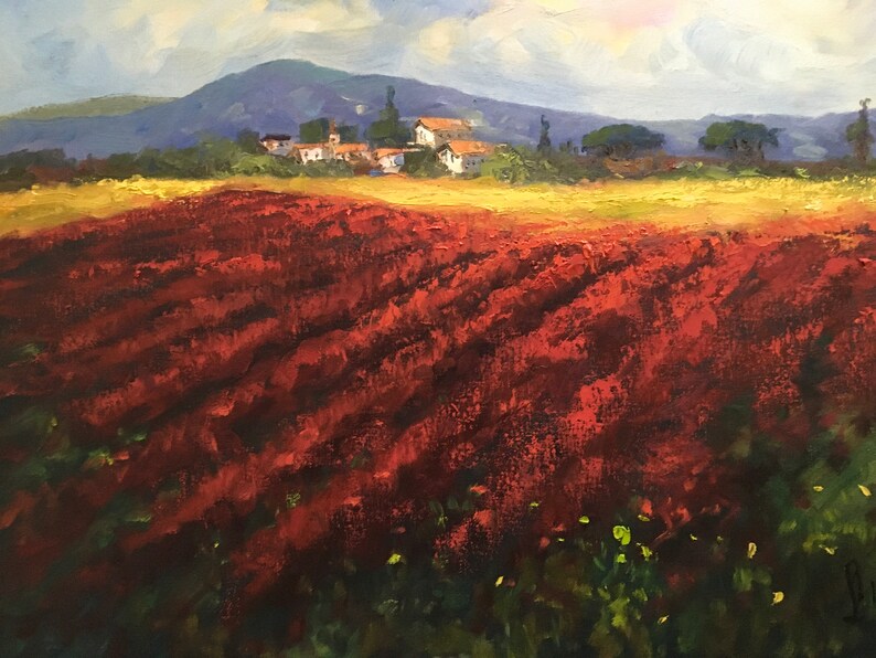 Impressionism Between the gold and the red colors Original painting Size 50 x 70 cm Between the sunflowers and the peonies of Tuscany
