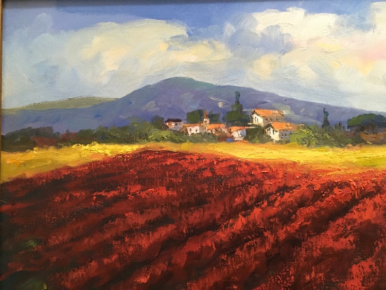 Impressionism Between the gold and the red colors Original painting Size 50 x 70 cm Between the sunflowers and the peonies of Tuscany