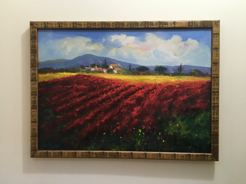 Impressionism Between the gold and the red colors Original painting Size 50 x 70 cm Between the sunflowers and the peonies of Tuscany