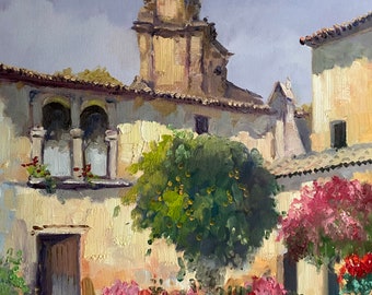 Flowered out-of-door in Spain - Painting - Oil on canvas - Size 50 x 60 cm. Fruit of ancient Spanish traditions