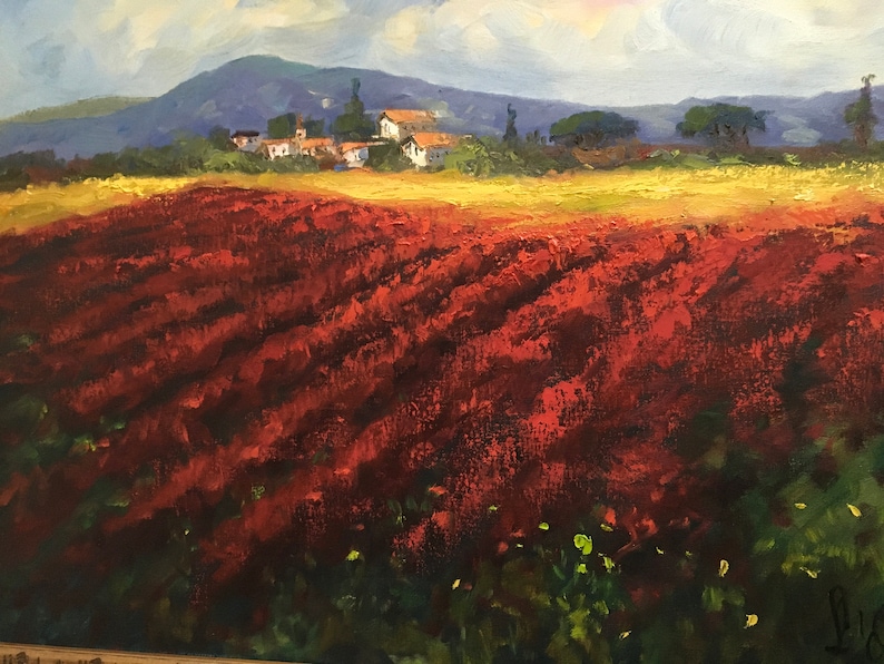Impressionism Between the gold and the red colors Original painting Size 50 x 70 cm Between the sunflowers and the peonies of Tuscany