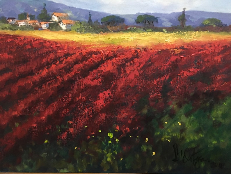 Impressionism Between the gold and the red colors Original painting Size 50 x 70 cm Between the sunflowers and the peonies of Tuscany