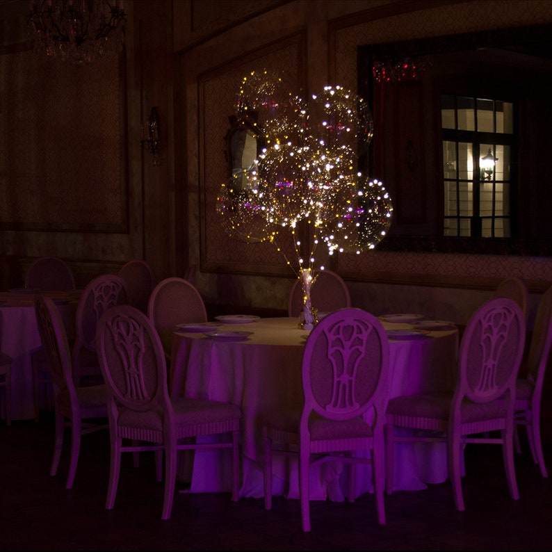 Puede incluir: Una mesa puesta con un centro de mesa de globos transparentes llenos de luces blancas. La mesa est&aacute; cubierta con un mantel morado y rodeada de sillas blancas.