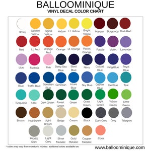 K&ouml;nnte beinhalten: Farbkarte f&uuml;r Vinyl-Aufkleber mit einer Vielzahl von Farben, darunter Wei&szlig;, Rot, Blau, Gr&uuml;n, Braun, Grau und Schwarz. Die Karte ist mit "BALLOOMINIQUE VINYL DECAL COLOR CHART" beschriftet.