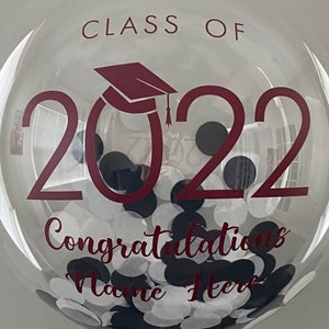 May include: A transparent balloon filled with black and white confetti. The balloon features the text "CLASS OF 2022" and "Congratulations Name Here" in burgundy. A burgundy graduation cap is also present.
