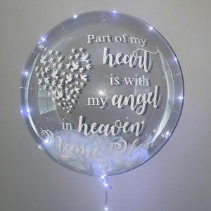 Memorial Balloon, Custom Celebration of Life Balloon, Part of my heart is with my angel in heaven, Feather Balloon. LED Balloon