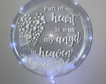 Ballon commémoratif, Ballon de célébration de la vie personnalisé, Une partie de mon cœur est avec mon ange au ciel, Ballon plume. Ballon LED