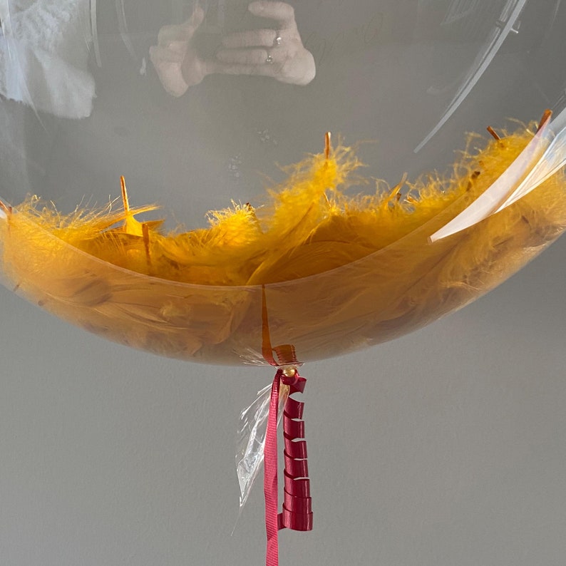 K&ouml;nnte beinhalten: Ein transparenter Ballon, gef&uuml;llt mit gelben Federn und mit einem roten Band gebunden.