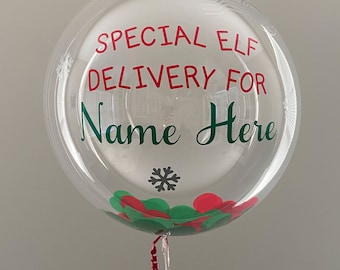 Elf Personalized Balloon, Elf Special Delivery, 24 Inch Confetti Balloon With Stand for Longevity Air Usage, 36 Inch Size Elf Doll Stuffable