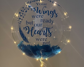Custom Memorial Balloon, In Memory Of Balloon, Your Wings were ready but our Hearts were not, Feather LED Balloon, Helium and Air Usage