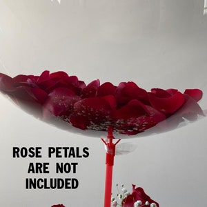 Peut inclure: Un ballon transparent rempli de p&eacute;tales de roses rouges. Le ballon est attach&eacute; &agrave; un b&acirc;ton rouge. Le texte "ROSE PETALS ARE NOT INCLUDED" est imprim&eacute; sous le ballon.