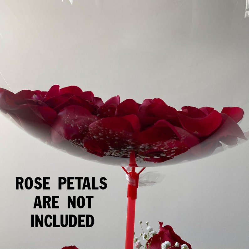 Peut inclure: Un ballon transparent rempli de p&eacute;tales de roses rouges. Le ballon est attach&eacute; &agrave; un b&acirc;ton rouge. Le texte "ROSE PETALS ARE NOT INCLUDED" est imprim&eacute; sous le ballon.