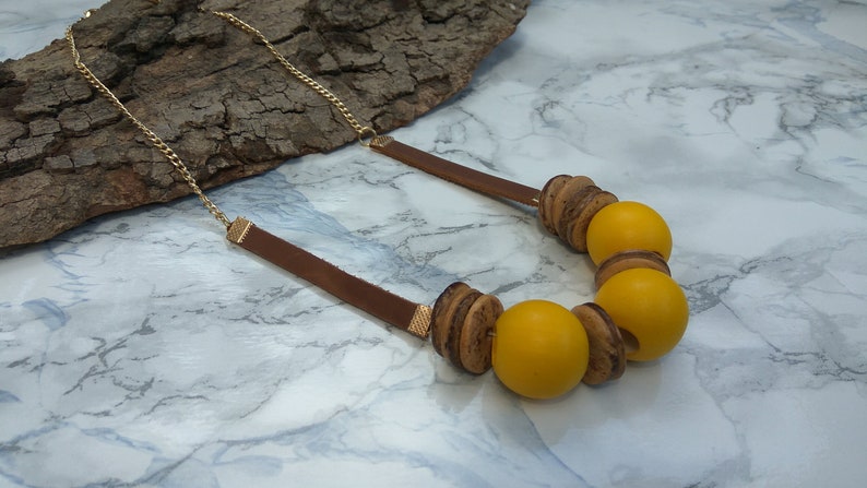 statement necklace. leather necklace Boho mustard colored uniqe necklace for women
