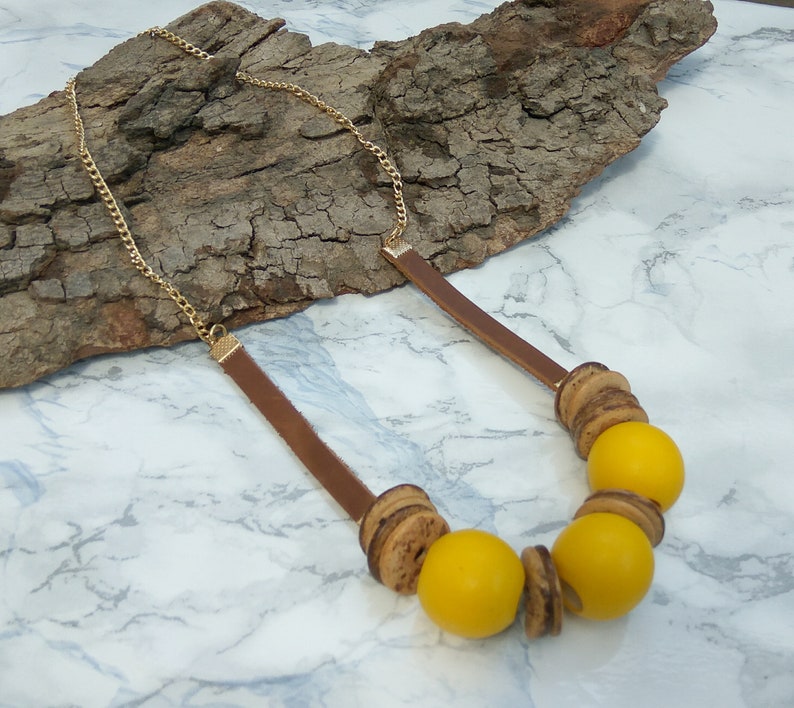 statement necklace. leather necklace Boho mustard colored uniqe necklace for women