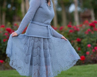Knit bluish handmade crochet skirt. Available with a sweater