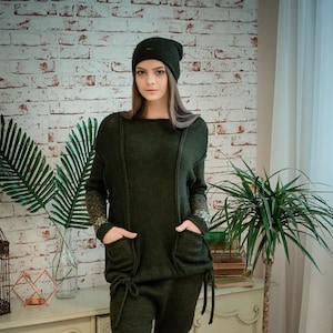 Khaki Handknitted sweater, Knitted pullover for women, Warm jumper with two pockets, Angora mohair Sweater