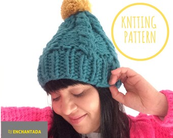 Nouvelle Vague Easy Chunky Knit Cable Hat Pattern | Beginners Cable Hat Pattern | Interchangeable Pom Pom Hat Pattern | Cool Hat Pattern
