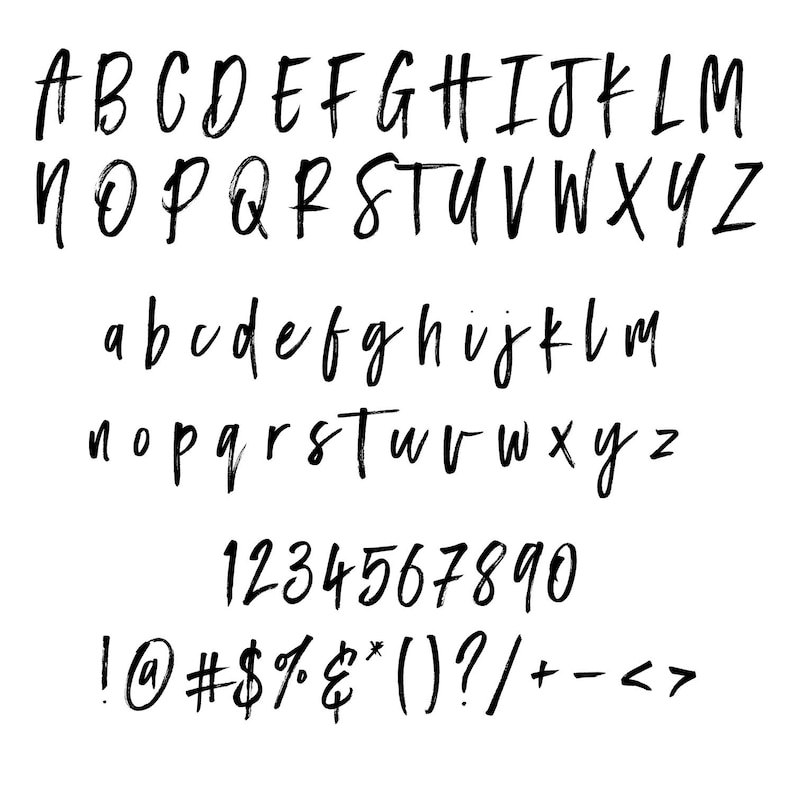 May include: A black and white image displaying a handwritten font. The image shows uppercase and lowercase letters, numbers 0-9, and various symbols. The font has a brushstroke style.