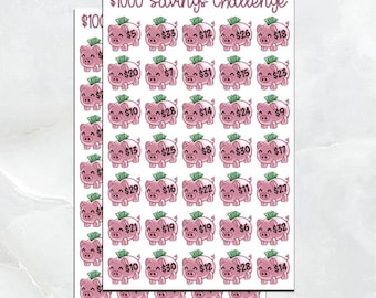 1000 Dollar 52 Week Piggy Bank Savings Challenge Planner Stickers