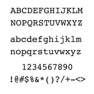 May include: Black and white image displaying the alphabet in uppercase and lowercase, along with numbers and symbols. The text is presented in a typewriter font, showcasing a classic and simple design. The characters are evenly spaced and clearly visible.