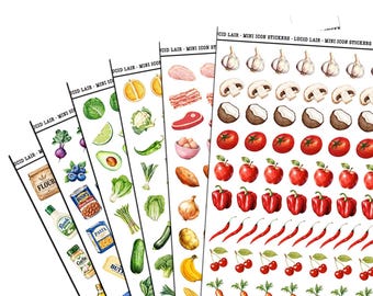 Grocery Mini Icon Sticker Pack | 6 Sheets | 511 Watercolor Food Recipe Scrapbooking Stickers | Clear Gloss or Matte White
