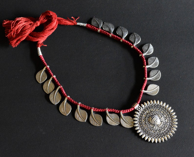 Oxidised Threaded Necklace Indian Silver Necklace Set Bohemian Afghani Necklace Bollywood Jewelry Ethnic German Silver Necklace