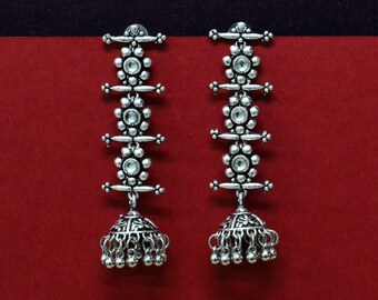 Oxidized Silver Plated Party Wear Long Earrings, Oxidised Indian Jhumka Jhumki Earrings, Boho Bollywood Statement Earrings, Gift for Her