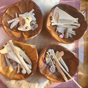 May include: Four wooden bowls filled with various animal bones, crystals, and beads. The bowls are arranged in a square pattern on a white fur rug.