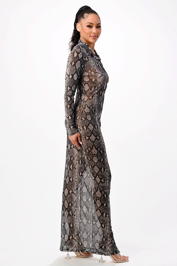 knee length dresses for ladies Snakeskin Mesh Long Sleeve Mini Dress – RK Collections Boutique main image 0